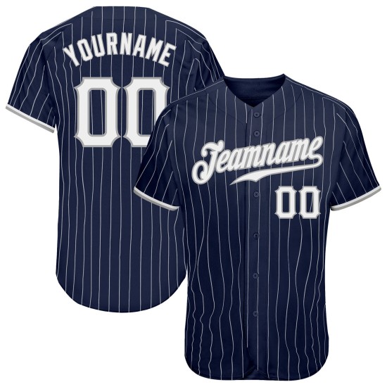 Custom Navy White Pinstripe White-Gray Authentic Baseball Jersey Custom Navy White Pinstripe White-Gray Authentic Baseball Jersey
