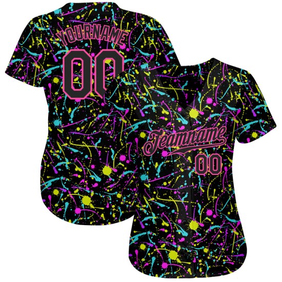 Custom Graffiti Pattern Black-Pink 3D Neon Splatter Authentic Baseball Jersey Custom Graffiti Pattern Black-Pink 3D Neon Splatter Authentic Baseball Jersey